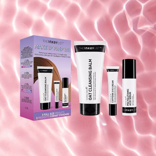 The Inkey List Make-up Prep 101 Kit – Oat Cleansing Balm, Caffeine Eye Cream, Polyglutamic Acid Serum for optimal forberedelse før makeup.