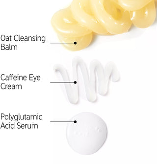 The Inkey List Make-up Prep 101 Kit – Oat Cleansing Balm, Caffeine Eye Cream, Polyglutamic Acid Serum terkstur.