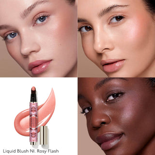 Brightening CC Liquid Blush som gir en jevn og sunn glød, vist på alle hudtoner. 