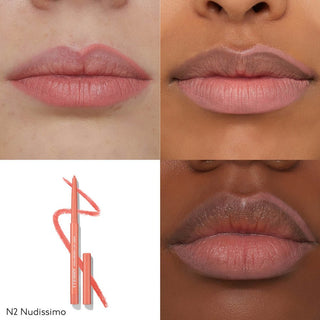 Fuktighetsgivende lip liner i fargen Nudissimo for en naturlig, definert leppeline, på ulike hudtoner.