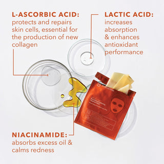 Dr. Dennis Gross Vitamin C Lactic Biocellulose Brightening Treatment Mask inneholder L-ascorbic acid, Lactic acid og Niacinamide