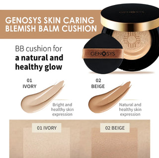 GENOSYS BB Cushion med peptider, niacinamid og SPF50+ som gir naturlig dekkevne og glød. Fargene Ivory og Beige