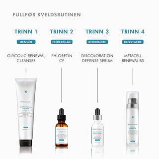 SkinCeuticals serum som reduserer pigmentflekker og forbedrer hudens klarhet. Bildet viser kveldsrutine. 