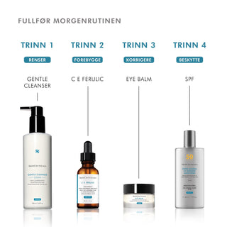 SkinCeuticals Eye Balm. Bildet viser forslag til morgen hudpleierutine.