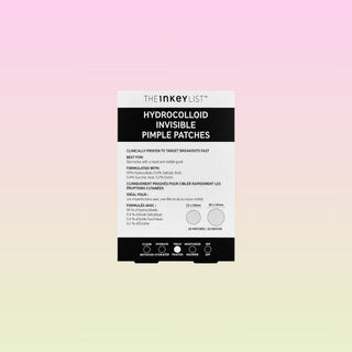 Pakke med The INKEY List Hydrocolloid Invisible Pimple Patches som inneholder 22 usynlige plaster for behandling av urenheter.